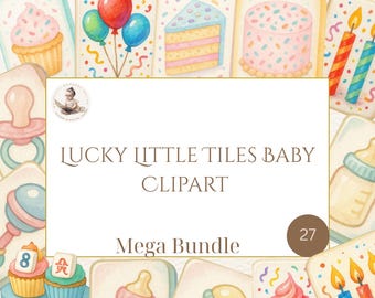 Lucky Tiles Party Clipart Pack. Baby Shower & Birthday Puzzle, Watercolor Tiles, Party Decorations, Balloons and Pastel Baby Shower