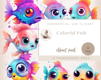 Adorable Colorful Fish Clipart, Under the Sea Clipart, Transparent Png Backgrounds, Quirky Fish, Watercolor Fish, Funny Colorful Fishes