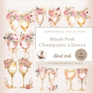 Floral rose blush champagne verres à fleurs, clipart verres à vin, clipart vin, champagne png, usage commercial, fabrication de cartes, clipart mariage