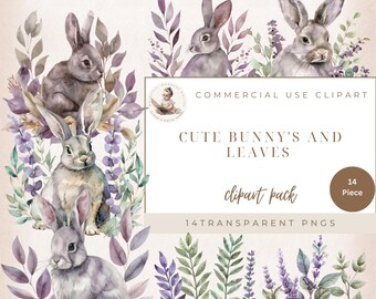 Cute Bunnies, Baby Shower Clipart, Rabbit Clipart, Bunny and Leaves Graphics, Bunny Ephemera, Commercial Use, Card Making, Digital Crafts