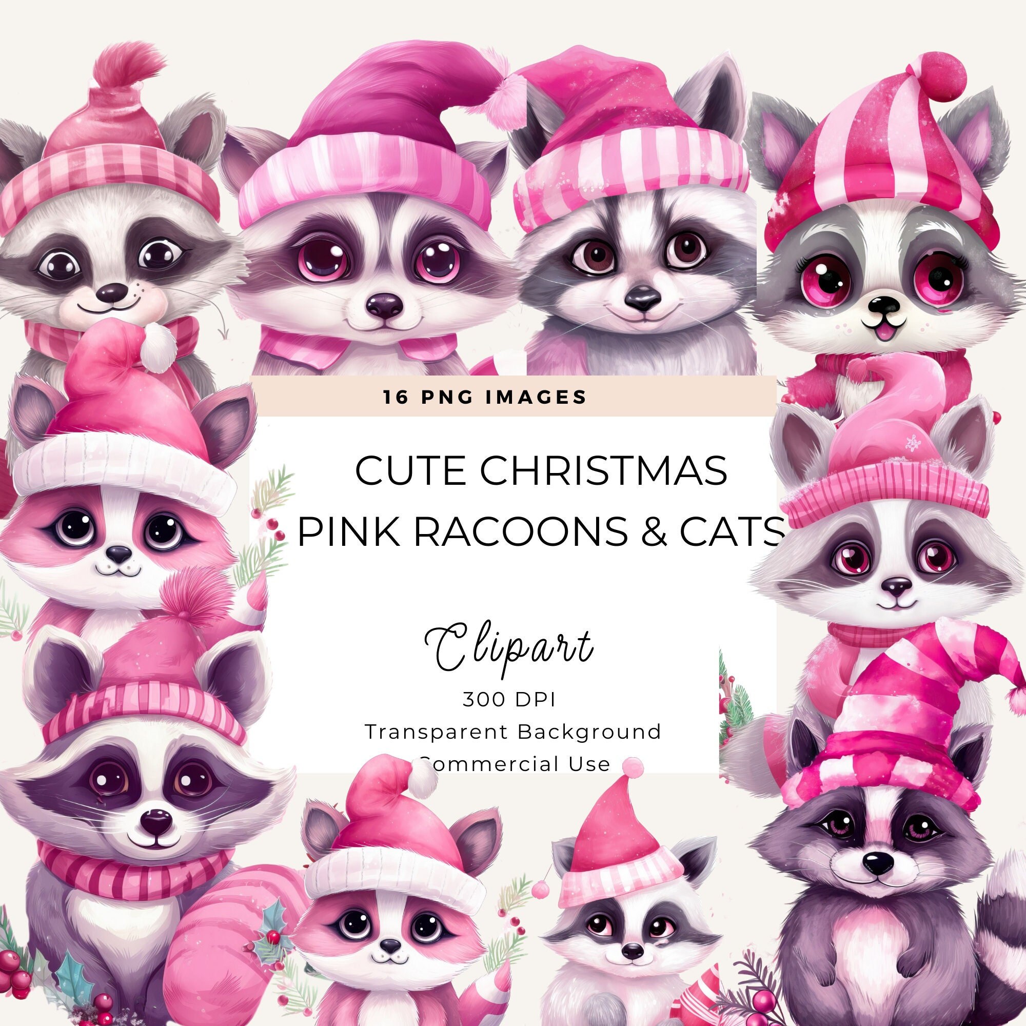 Cute Baby Racoons Clipart, Racoon Clipart, Pink Christmas Clipart ...
