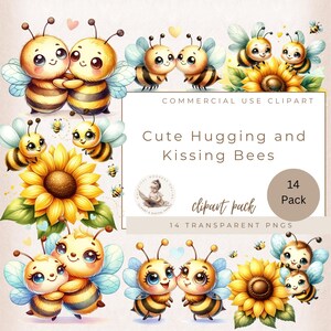 Biene Aquarell Clipart, süße Bienen umarmen, küssende Bienen, Valentine Clipart, Bienenbergwerk, Babyparty, kommerzielle Nutzung, Kartenherstellung, Sonnenblumen