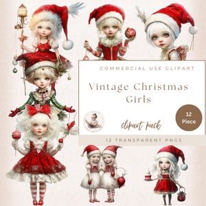 Imágenes prediseñadas de niñas navideñas vintage, imágenes prediseñadas de elfos, PNG transparente, personajes de cuentos de hadas, diario basura festivo, efímeras navideñas, imágenes prediseñadas de Navidad