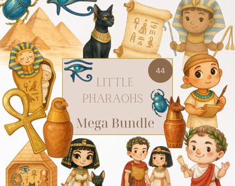 Cute Ancient Egypt Clipart Bundle, Baby Cleopatra, Pharaohs, Pyramids, Mummies, Egyptian Cats & Treasures, Kids History Clip Art, PNG Set