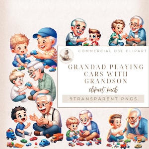 Grand-père et petit-fils, clipart grand-père, grand-père jouant aux voitures avec petit-fils, clipart fête des pères, livre de souvenirs, usage Commercial