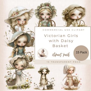 Victorian Girl, Girl Holding a Basket of Daisies, Spring Clipart, Flower Girl, Victorian Girl fashion, Flower Clipart, Daisy Girl Clipart