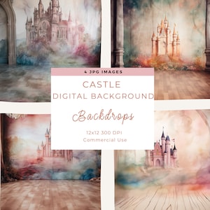 Aquarel prinses kasteel digitale achtergronden, kasteel achtergrond, achtergrond magische sprookje, studio meisje verjaardag, digitale achtergronden