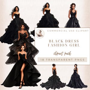 Mode clipart, quinceanera png, zwarte jurk graphics, gala-illustraties, baljurk, modemeisje, commercieel gebruik, digitale ambachten