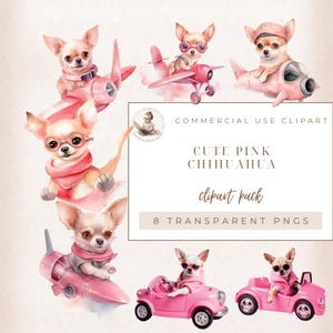 Linda acuarela chihuahua clipart, conjunto de retratos de chihuahua, imágenes prediseñadas de chihuahua, imágenes prediseñadas comerciales, paquete de chihuahua, plano chihuahua rosa
