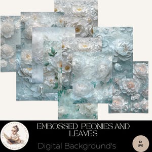 Blaugrün geprägte Pfingstrosen und Blätter Digitale Papiere, Texturhintergründe, Hochzeit Junk Journal, elegante florale Hintergründe, kommerzielle Nutzung