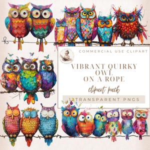 Clipart hibou original, hiboux sur une corde, oiseaux rigolos, clipart animaux de compagnie, clipart fantaisiste, images de scrapbooking, usage commercial, créations numériques