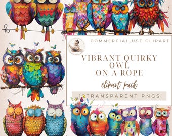 Eigenzinnige uil illustraties, uilen aan een touw, grappige vogels, huisdieren clipart, grillige clipart, plakboekafbeeldingen, commercieel gebruik, digitale ambachten