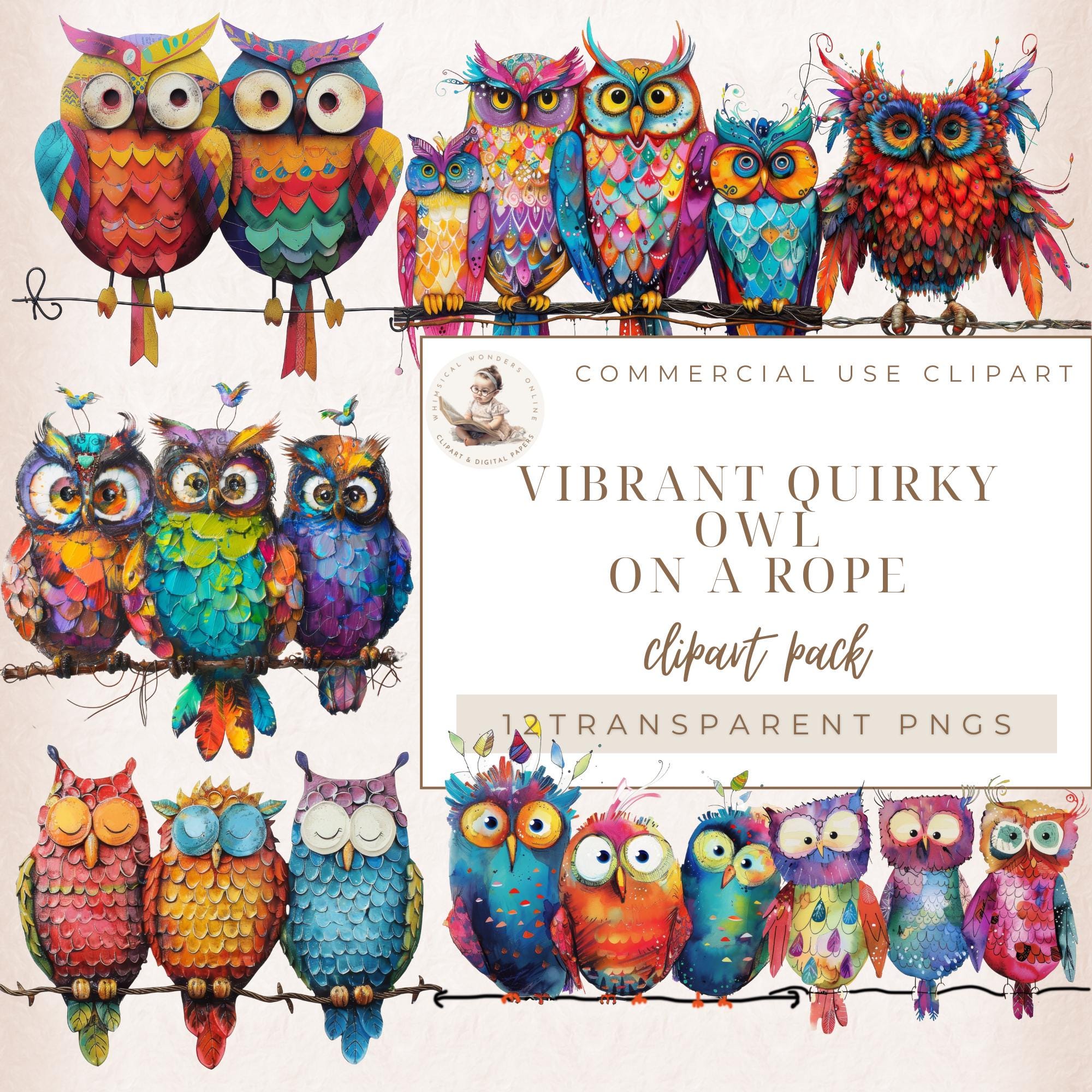 Quirky Owl Clip Art, Owls on A Rope, Funny Birds, Pets Clipart, Whimsical Clipart, Scrapbook Images,