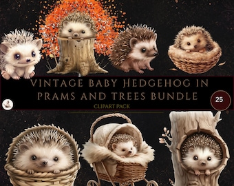 Cute Victorian Hedgehog Clipart Bundle, Hedgehogs Clipart, Commercial Use, Baby Shower Images, Woodland Animals, Junk Journal Ephemera