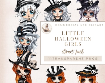 Little Halloween Girl Graphics, Girl Clipart, Halloween Clipart, Book of Shadows, Fashion Clip Art, Transparent Backgrounds, Digital Crafts