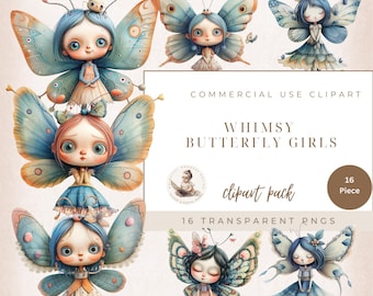 Whimsy Butterfly Girls, Butterfly Clipart, Fantasy Clipart, Garden Clipart, Botanical Clipart, Little Girl Clipart, Commercial Use
