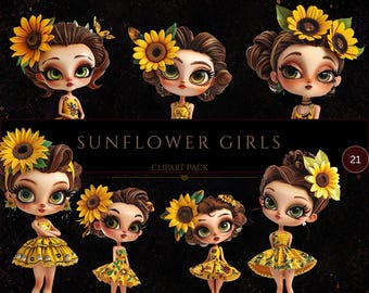 Sunflower Girls Clipart, Floral Girl Clipart, Fashion Doll Clipart, Spring Girl PNG, Commercial Use, Planner Girl Clipart, Digital Crafts