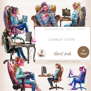 Gamer Girl Clipart, Videospiel Clipart, Gamer Girl mit rosa Kopfhörern, Computer Girl, kommerzielle Nutzung, Digital Crafts