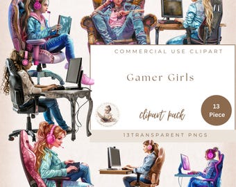 Gamer Girl Clipart, Video Game Clipart, Girl Gaming Clipart, Gamer Girl with Pink Headphones, Computer Girl, Commercial use, Digital Crafts