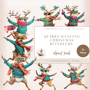 Tanzende schrullige Reindeer Clipart, lustige Weihnachten PNG, Aquarell Reindeer-Elemente, schrullige doofe Rentiere, wunderliche Feiertagsgraphiken,