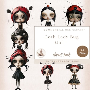 Chica gótica mariquita extravagante y caprichosa, clipart de insectos, clipart caprichoso, bichos extravagantes, clipart de jardinería, clipart de insectos de chica gótica, uso comercial