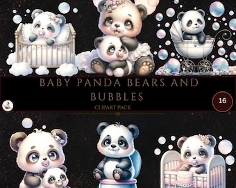 Cute Baby Panda Bear Clipart Bundle, Baby Panda PNG, Panda Bear & Bubbles, Baby Jungle Animals, Nursery Decor, Baby Shower, Commercial Use