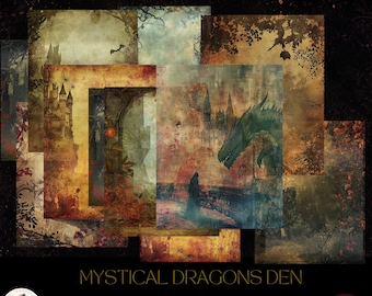 Mystical Dragon Junk Journal Pages, Fantasy Dragon Digital Papers, Medieval Castle Backgrounds, Printable Scrapbook Paper, 8.5x11 JPG
