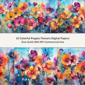 Mohnblumen-Papierblume, digitales Papier mit Mohnblume, digitales Papier mit Blumenmuster, Scrapbooking-Papier, kommerzielle Nutzung, digitales Basteln, Hochzeitspapiere