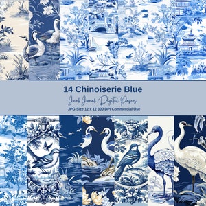 14 Blue Chinoiserie, Chinoiserie Paper, Asian Digital Paper, French Toile De Jouy, Blue China Pattern, Commercial Use, Digital Crafts