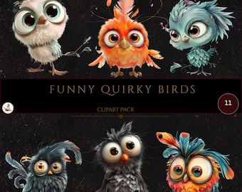 Imágenes prediseñadas de pájaros divertidos y originales, pájaros graciosos, imágenes prediseñadas de mascotas, imágenes prediseñadas caprichosas, imágenes para álbumes de recortes, uso comercial, manualidades digitales, PNG transparente