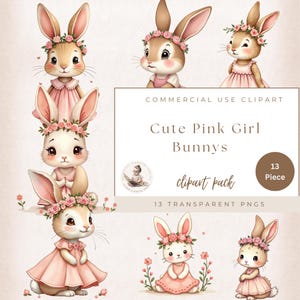 Rosa Mädchen-Hasen, Baby-Dusche Clipart, Kaninchen Clipart, Mädchen-Häschen Grafiken, Häschen Ephemera, kommerzielle Nutzung, Kartenherstellung, digitales Kunsthandwerk