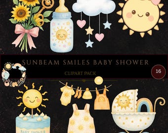 Imágenes prediseñadas para baby shower "Here Comes the Sun", imágenes PNG de bebés con sol pastel y arcoíris, decoraciones de baby shower en acuarela de género neutro.