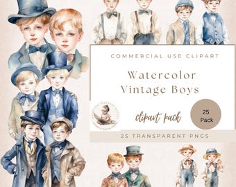 Vintage Boys Clipart, Victorian PNG, Watercolor Clipart, Scrapbook Junk Journal, Card Making, Vintage Clipart, Commercial Use, Digi Crafts