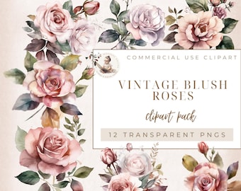 Vintage Rose Clipart, Flower Clipart, Commercial Use, Wedding Clipart, Card Making, Pink Rose Set, Pink Roses Clipart, Floral Graphics,