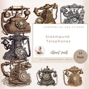 Steampunk Style Telephone Clipart, Victorian Clipart Bundle, Junk Journal, Png Steampunk ClipArt&#39;s, Instant Digital Download, Commercial Use