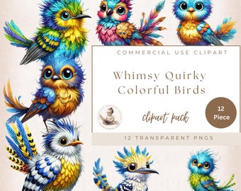 Quirky Bird Clipart, Colorful Funny Bird Clipart, Whimsical Clipart, Funny Bird Graphics, Quirky Bird Ephemera, Commercial Use