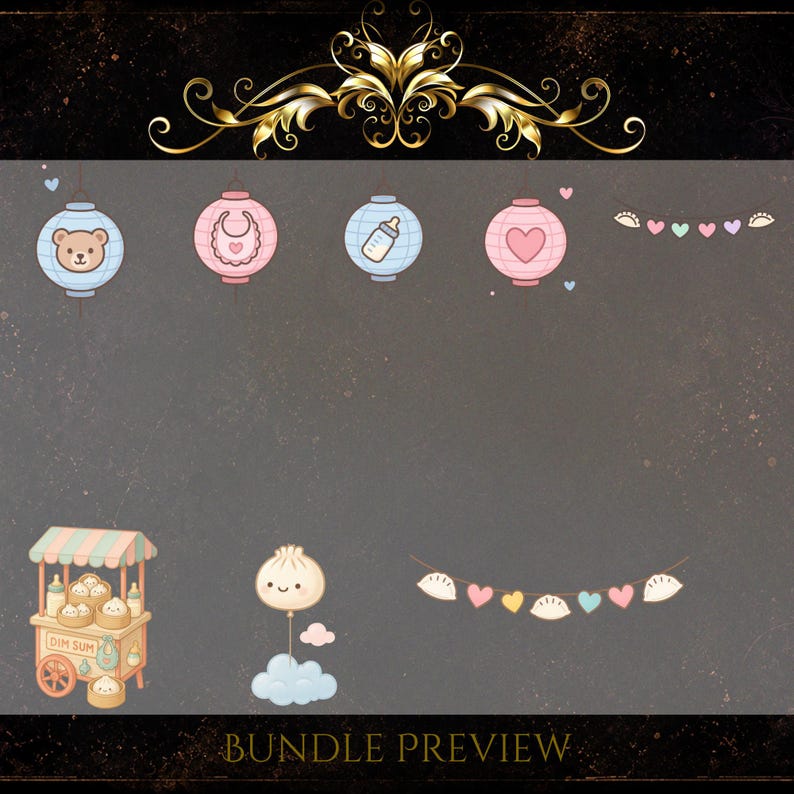 May include: A collection of charming illustrations featuring baby-themed lanterns, dumplings, and a dim sum cart. The lanterns are blue and pink with baby-related icons. The image includes the text "BUNDLE PREVIEW".