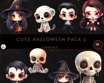 Halloween Cute Vampire Witches Skeleton Clipart, Bundle of 26 Spooky Transparent Background, Digital Download, Commercial Use, Card Making,