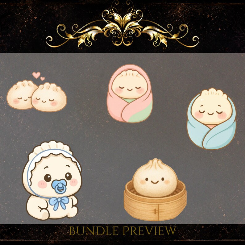 May include: A set of charming dumpling illustrations. The designs feature dumplings with smiling faces, some wrapped in blankets, and one in a baby carriage. The text "BUNDLE PREVIEW" is at the bottom of the image.