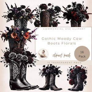Floral Stiefel Clipart, dunkle Blume Clipart, Cowgirl Stiefel Png, Cowboy Stiefel Clipart, Cowgirl Blumen, Gothic Clipart, Dark Fantasy Clipart,
