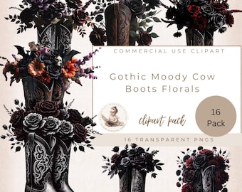 Floral Boots Clipart, Dark Flower Clipart, Cowgirl Boots Png, Cowboy Boots Clipart, Cowgirl Flowers, Gothic Clipart, Dark Fantasy Clipart,