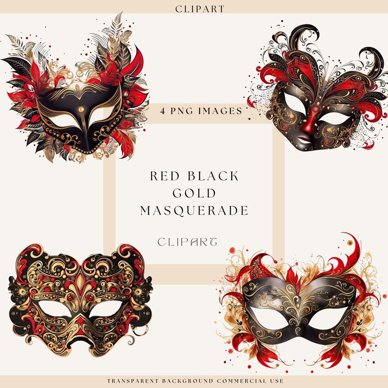Masquerade Clipart, Party Mask, Anniversary Mask, Ball Mask, Masquerade Party, Commercial Use, His & Hers Masquerade Masks, Red, Black Gold image 1