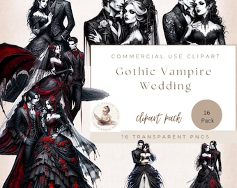 Clipart gothique, mariage vampire, clipart vampire, mode goth, dark fantasy, usage commercial, créations numériques, couple gothique, gothique saint valentin