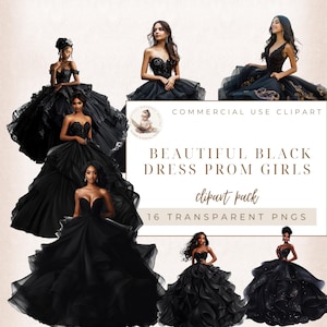 Hermosa chica con vestido negro, chica afroamericana, gráficos de Black Gress, clipart de moda, quinceañera png, fabricación de tarjetas, manualidades digitales
