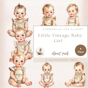 Little Vintage Baby Girl Clipart, Watercolor Cute Baby Girl Graphics, Commercial Use, Transparent Png, Clipart, Baby Shower, First Birthday