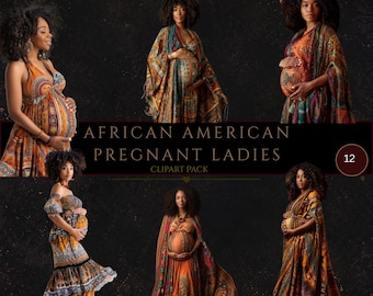 Femme enceinte afro-américaine, clipart baby shower, femme de couleur, clipart maternité, futures mamans, usage commercial, créations numériques