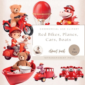 Kinder Clipart, rote Autos, rote Flugzeuge, Transport Clipart, Tier Clipart, Hund Clipart, Dinosaurier Clipart, kommerzielle Nutzung, rote Teddybären