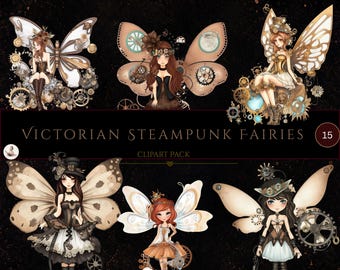 Paquete de imágenes prediseñadas de hadas steampunk victorianas, hadas fantásticas en formato PNG, imágenes prediseñadas de hadas mecánicas, alas mecánicas, hadas góticas para sublimación.