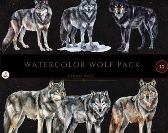 Watercolor Wolf Clipart Bundle, Wolf PNG, Woodland Wildlife Clipart, Forest Animal Graphics, Commercial Use, Instant Download