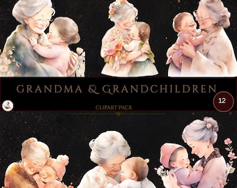 Watercolor Grandma Clipart, Grandma Hugging Grand Children, Best Grandma, Family Clipart, Card Making, Commercial Use, First Birthday